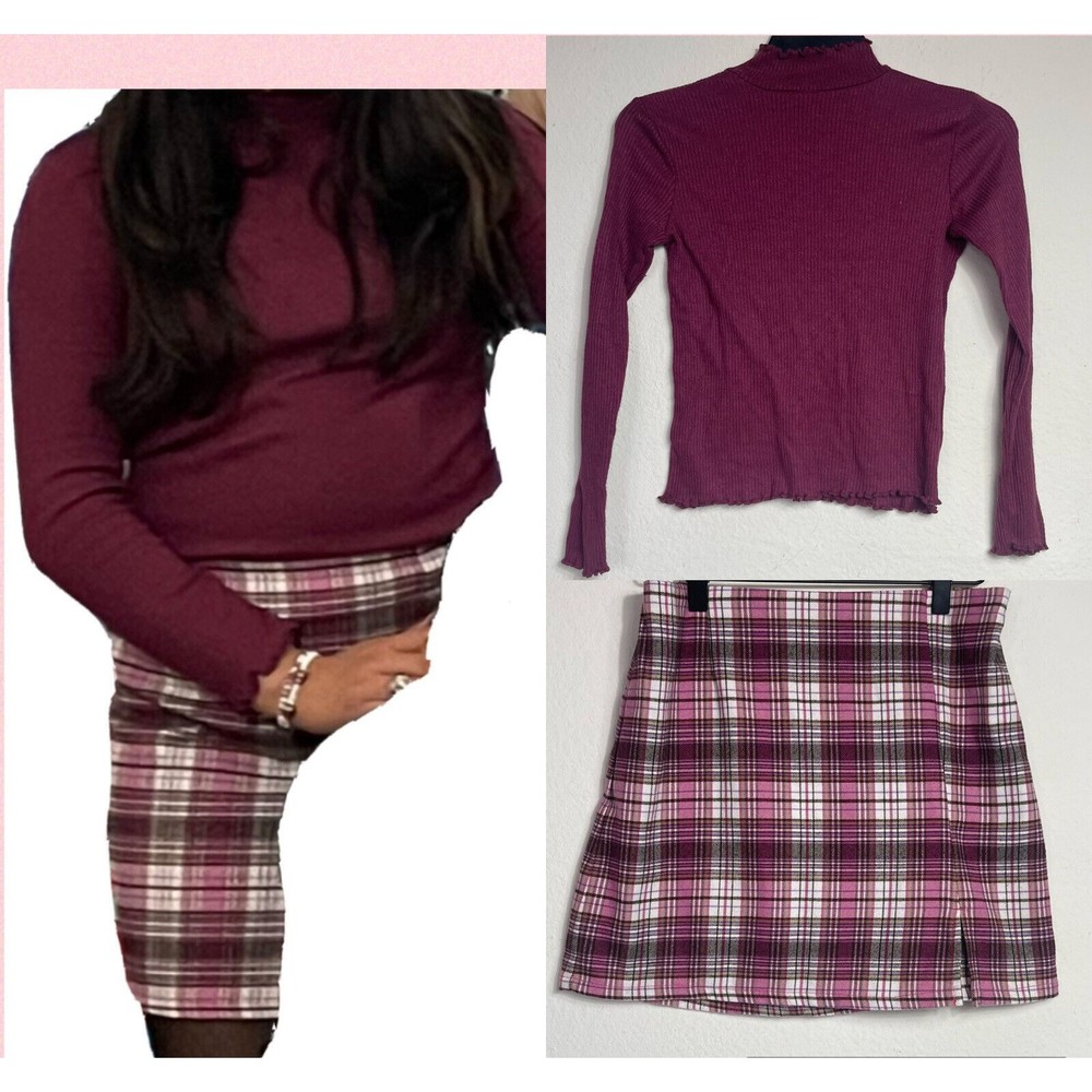 Art Class Girls Burgundy Shirt Medium 10/12 Long Sleeve Skirt Plaid XL 14/16